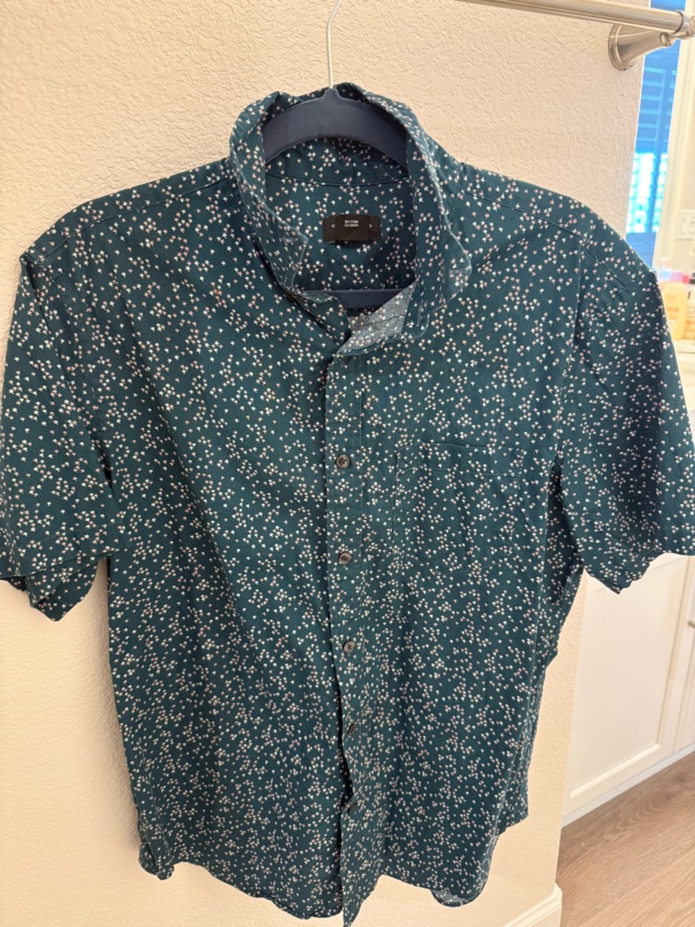 Club Monaco Teal Short-Sleeve Button-Up with Micro Floral Print M